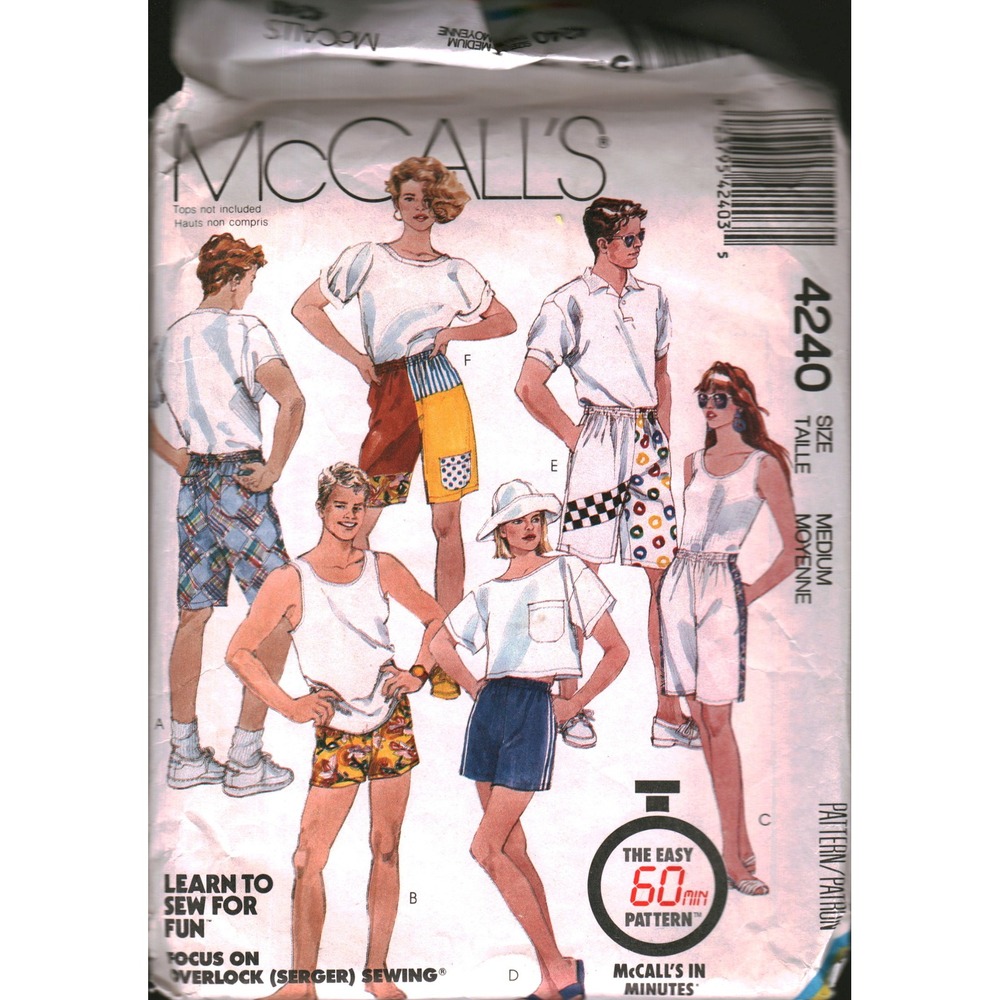 Vintage 1989 McCall's 4240 Unisex Shorts Sewing Pattern Size Medium Multi-Style